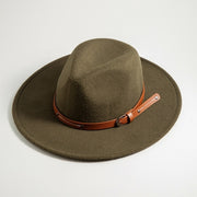Boho Faux Wool Felt Panama Hat with leather Strap