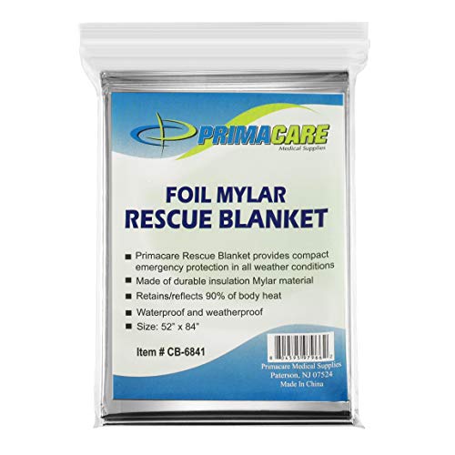 Primacare HB-10 Emergency Foil Mylar Thermal Blanket (Pack of 10), 52" Length x 84" Width, Silver