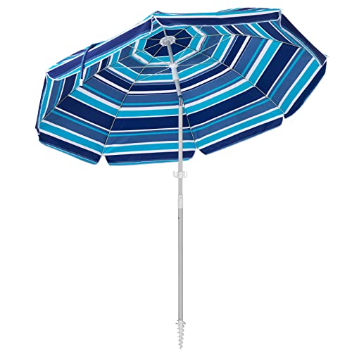 SERWALL 6.5FT Beach Umbrella UV 50+ Outdoor Portable Sunshade Umbrella with Sand Anchor, Push Button Tilt and Carry Bag for Patio Outdoor Garden Beach (Blue-White Stripe)