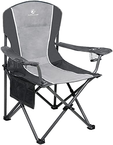 ALPHA CAMP Oversized Camping Folding Chair Heavy Duty Steel Frame Support 350 LBS Collapsible Arm Chair with Cup Holder Quad Lumbar Back Chair Portable for Outdoor/Indoor