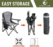 ALPHA CAMP Oversized Camping Folding Chair Heavy Duty Steel Frame Support 350 LBS Collapsible Arm Chair with Cup Holder Quad Lumbar Back Chair Portable for Outdoor/Indoor