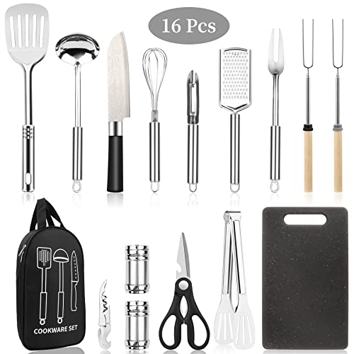 Camping Cooking Utensils Set, Stainless Steel Grill Tools, Camping BBQ Cookware Gear and Equipment for Travel Tenting RV Van Picnic Portable Kitchen Essentials Accessories (Black-16 PCS)