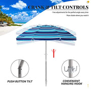 SERWALL 6.5FT Beach Umbrella UV 50+ Outdoor Portable Sunshade Umbrella with Sand Anchor, Push Button Tilt and Carry Bag for Patio Outdoor Garden Beach (Blue-White Stripe)