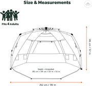 Easthills Outdoors Instant Shader Deluxe XL Beach Tent Easy Setup 4-6 Person Popup Sun Shelter 99" Wide for Whole Family UPF 50+ Double Coating with Extended Zippered Porch