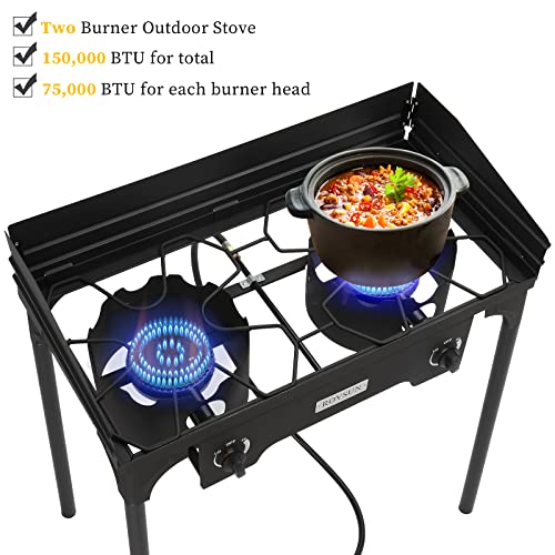 ROVSUN 2 Burner Outdoor Camping Stove with Wind Panel, 150,000 BTU Propane Burner, Gas Cooker with Detachable Legs & CSA Regulator for Home Camp Paito Cooking Frying Canning