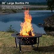 PaPaJet 36 Inch Fire Pit with 2 Grill, Outdoor Wood Burning Firepit with Lid, Metal Round Table for Backyard Patio Garden Picnic Camping Bonfire, black