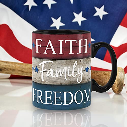 Whaline 2Pcs Patriotic Mugs 4th of July Ceramic Cups Vintage American Flag Stars Stripes Print Drinking Mugs Coffee Cups for Independence Day Home School Office Table Centerpieces Housewarming Gift