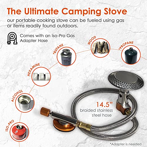 nCamp Kitchen to Go 5 Piece Bundle, Portable Compact Multi-Fuel Burning Camping Stove, ISO Propane Adapter, Elevated Bamboo Cutting Board Prep Surface, Cafe Coffee Maker, Carrying Bag, For Camping