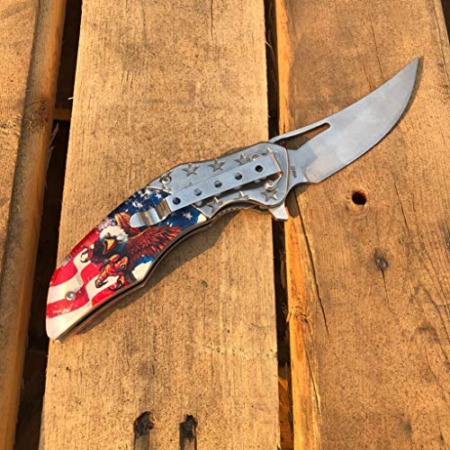 S-TEC American Flag Graphic Clear Acrylic Everyday Carry Folding Pocket Knife, Folding Knife with Black Coating Knife. Use for Collection, Camping, Fishing, and Daily use: Open Box, Cut Ropes (Eagle)