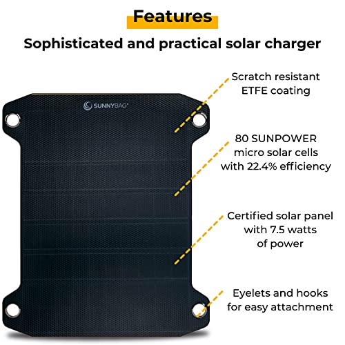 Sunnybag Leaf PRO | Premium Outdoor Solar Charger | 7.5 watt | Flexible Solar Panel Charger for Hiking and Camping | Light-Weight and Waterproof | Fits on Any Hiking Backpack | Incl. Fastening Gear