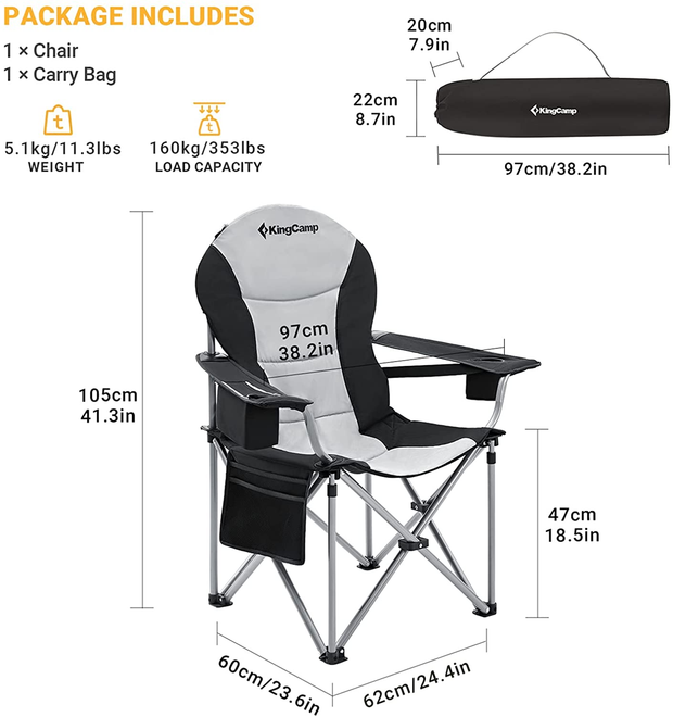 Kingcamp Lumbar Back Padded Oversized Folding Camping Chair with Cooler Bag Armrest and Cup Holder, Heavy Duty Supports 350 Lbs for Fishing Sports Picnic, Black/Mediumgrey