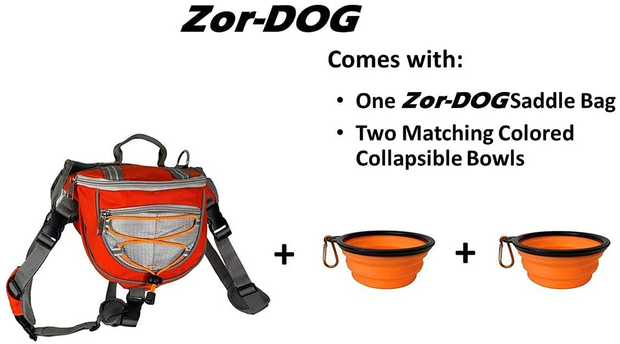 Saddlebag Back Pack & Harness Combo for Dogs | Perfect for Travel, Trail Hiking, & Camping. | Reflective, Lightweight, & Comfortable. | Comes with Two Collapsible Bowls