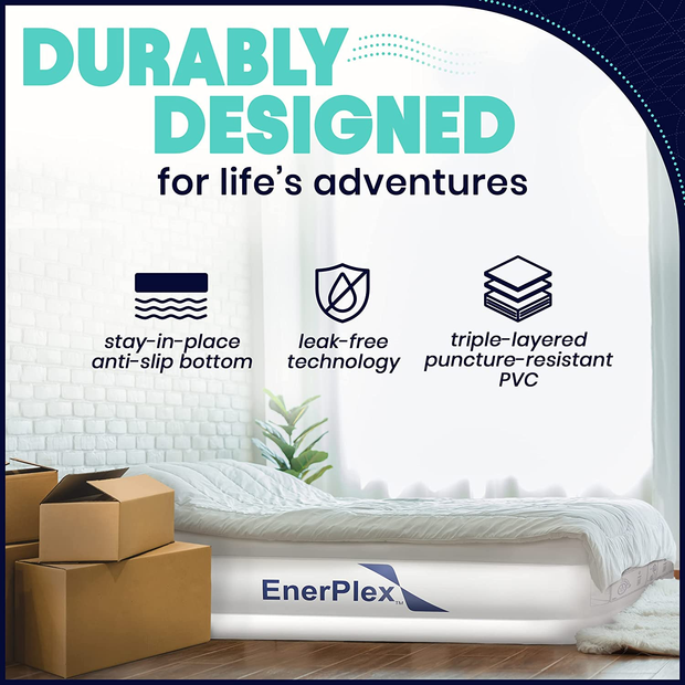 Enerplex Queen Air Mattress for Camping, Home & Travel - 13 Inch Double Height Inflatable Bed with Built-In Dual Pump - Durable, Adjustable Blow up Mattress - Easy to Inflate/Quick Set Up