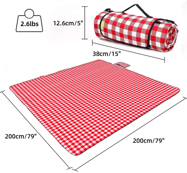 Three Donkeys Machine Washable Extra Large Picnic & Beach Blanket Handy Mat plus Thick Dual Layers Sandproof Waterproof Padding Portable for the Family, Friends, Kids, 79"X79" (Red and White)