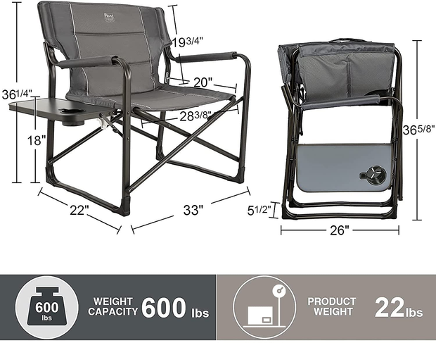 TIMBER RIDGE Oversized Directors Chairs with Side Table, Heavy Duty Folding Camping Chair up to 600 Lbs Weight Capacity (Gray)