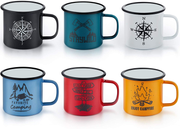 Enamel Camping Mug Set of 6, E-Far 16 Ounce Colourful Metal Enamel Coffee Tea Cups Mugs for Camping Hiking Backpacking, 2-Sided Unique Graphic Design & Large Size