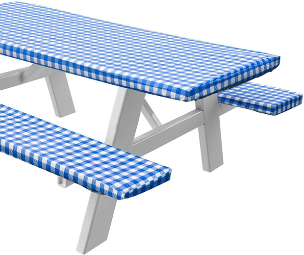 Sorfey Vinyl Picnic Table and Bench Fitted Tablecloth Cover, Checkered Design, Flannel Backed Lining, 28 X 72 Inch, 3-Piece Set, Blue