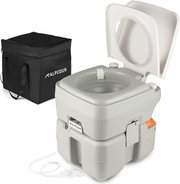 Alpcour Portable Toilet – Compact Indoor & Outdoor Commode W/Travel Bag for Camping, RV, Boat & More – Piston Pump Flush, 5.3 Gallon Waste Tank, Built-In Pour Spout & Washing Sprayer for Easy Cleaning