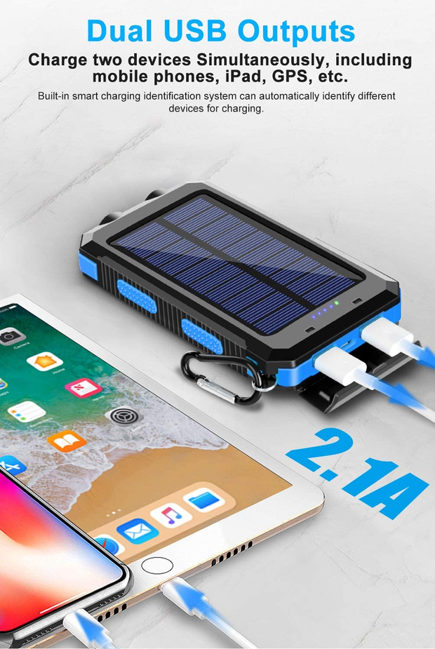 Solar Charger, 20000Mah Portable Outdoor Waterproof Solar Power Bank, Camping External Backup Battery Pack Dual 5V USB Ports Output, 2 Led Light Flashlight with Compass (Blue)