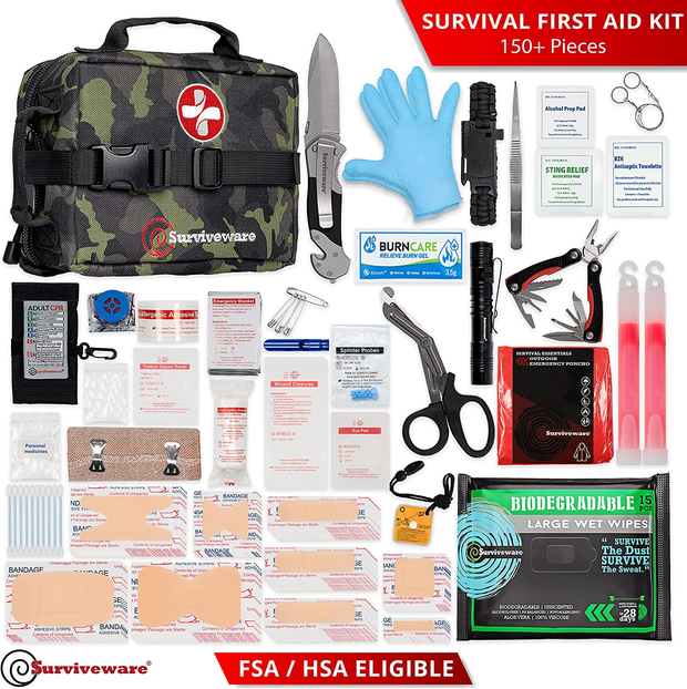 Surviveware Survival First Aid Kit for Outdoor Preparedness - Comes with Removable MOLLE Compatible System and Labeled Compartments - Backpacking, Hiking & Outdoors Preparedness