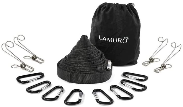 Campsite Storage Strap with 19 Separated Loops for Hanging Camping Equipment, Gear and Supplies | Includes Carabiner Hooks and Clothes Pins | Durable Campground Organizer Holds up to 150 LBS