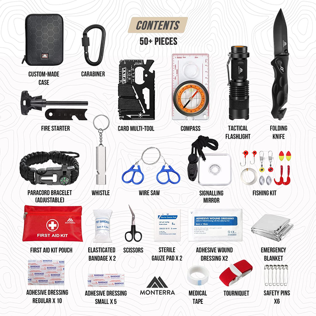 Survival Kit by MONTERRA, 50 Pcs, Survival Gear and Equipment, Camping Accessories,Tactical Gear, First Aid Kit, Emergency Kit, Cool Gadgets for Men, EDC Gear, Bugout Bag, Hiking Gear, Gifts for Men.