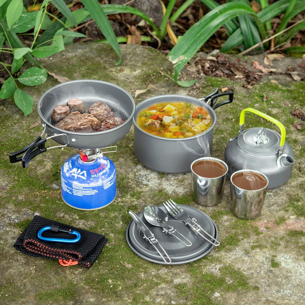 Odoland 16pcs Camping Cookware Mess Kit, Lightweight Pot Pan Mini Stove with 2 Cups, Fork Spoon Kits for Backpacking, Outdoor Camping Hiking and