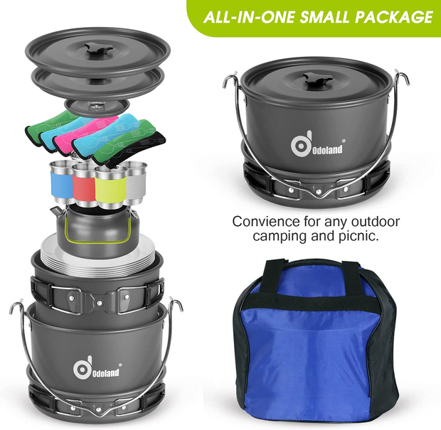Odoland Camping Cookware Mess Kit Lightweight Pot Pan Kettle with 2 Cups Fork Spoon Kit for Backpacking Outdoor Camping Hiking and Picnic, Gray