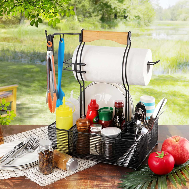 Plates, Cutlery and Condiment Bottles Organizer with Paper Towel Holder,  Wood Handle & 2 Hooks – Ideal for Indoor & Outdoor – Caddy for BBQ, RV,  Tabletop and Picnic Activities. 