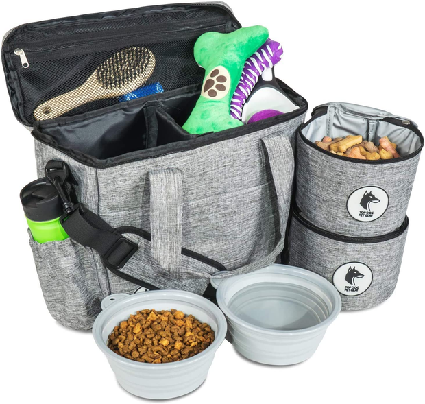 Top Dog Travel Bag - Airline Approved Travel Set for Dogs Stores All Your Dog Accessories - Includes Travel Bag, 2X Food Storage Containers and 2X Collapsible Dog Bowls