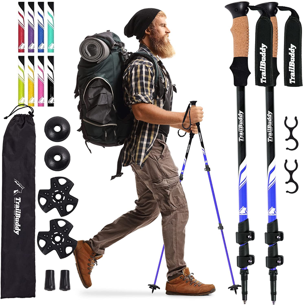 Trailbuddy Trekking Poles - Adjustable Hiking Poles for Snowshoe & Backpacking Gear - Set of 2 Collapsible Walking Sticks, Aluminum with Cork Grip