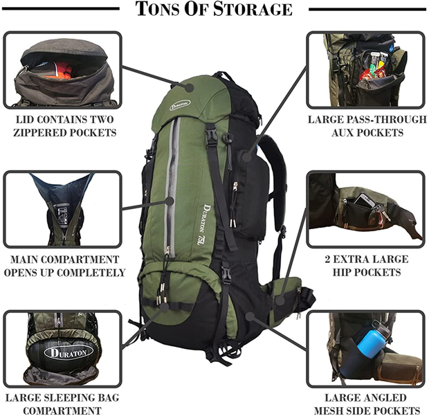 DURATON Hiking Backpack 75L - Internal Frame Pack with Rain Cover for Outdoor Backpacking Fishing Camping and Travel