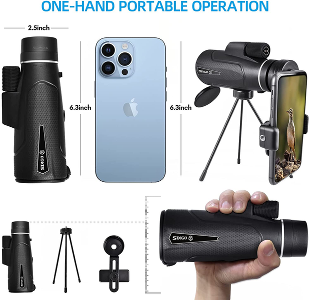 SIXGO Monocular Telescope for Adults 12 X 50 HD Monoculars Scope Phone with Portable Tripod Mount FMC BAK4 Waterproof for Hunting Hiking Concert Birdwatching Travel Climbing Sightseeing