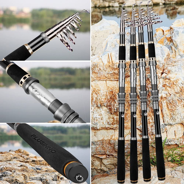 PLUSINNO Fishing Rod and Reel Combos - Carbon Fiber Telescopic Fishing Pole  - Spinning Reel 12 +1 Shielded Bearings Stainless Steel BB, Fishing 