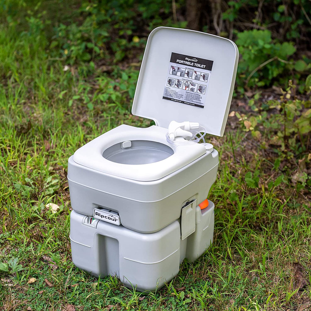 Alpcour Portable Toilet – Compact Indoor & Outdoor Commode W/Travel Bag for Camping, RV, Boat & More – Piston Pump Flush, 5.3 Gallon Waste Tank, Built-In Pour Spout & Washing Sprayer for Easy Cleaning