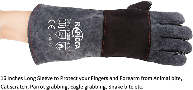 RAPICCA Animal Handling Gloves Bite Proof Kevlar Reinforced Leather Padding Dog,Cat Scratch,Falcon,Grabbing,Reptile,Snake