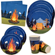Camping Adventure Party Supplies Tableware Set 24 9" Paper Plates 24 7" Plate 24 9 Oz Cup 50 Lunch Napkin for Camp Out Campfire Forest Nature Hiking Camper Themed Disposable Birthday Baby Shower Decor