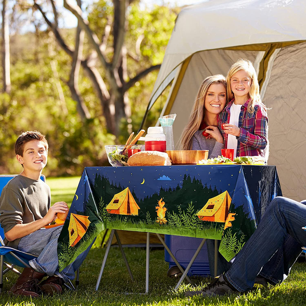 Camping Party Tablecloth Adventure Camp Out Design Plastic Rectangular Picnic Hiking Camper Tablecover for Campfire Forest Nature Birthday Party Decorations (2 Pieces)