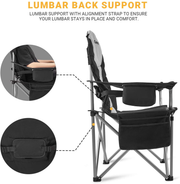 Kingcamp Lumbar Back Padded Oversized Folding Camping Chair with Cooler Bag Armrest and Cup Holder, Heavy Duty Supports 350 Lbs for Fishing Sports Picnic, Black/Mediumgrey