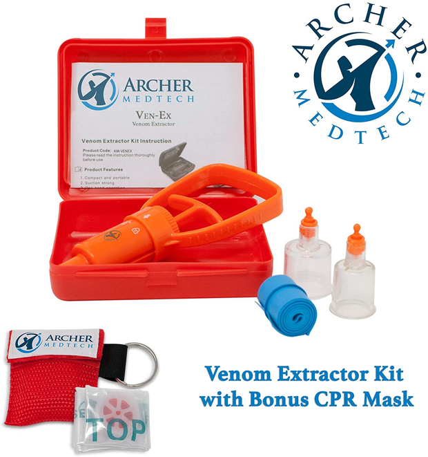 Ven-Ex Snake Bite Kit, Bee Sting Kit, Venom Extractor Suction Pump, Bite and Sting First Aid for Hiking, Backpacking and Camping. Includes Bonus CPR Face Shield by Archer Medtech.