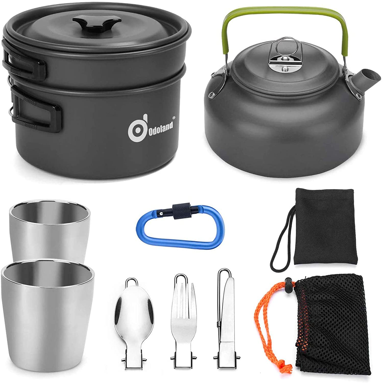 Odoland 14pcs Camping Cookware, Cooking Utensil Set, Stainless Steel,  Portable and Compact Carry Case, Outdoor Travel Kitchen Kit for Grilling