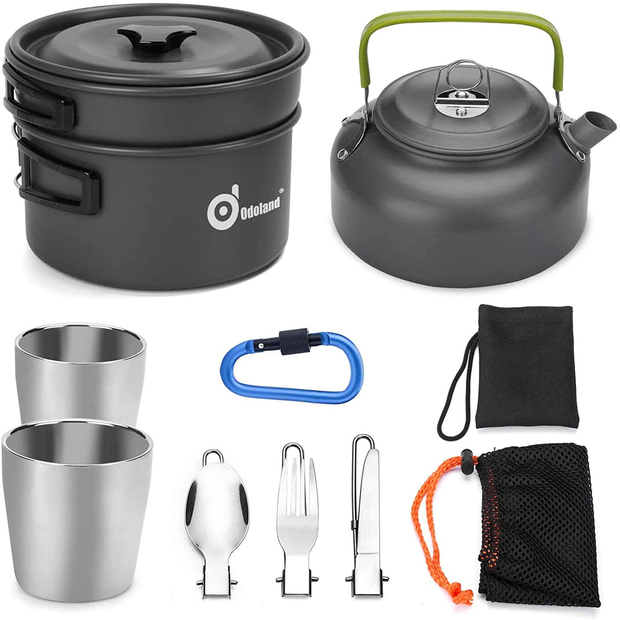 Odoland Camping Cookware Mess Kit, Lightweight Pot Pan Kettle with 2 Cups, Fork Spoon Kit for Backpacking, Outdoor Camping Hiking and Picnic