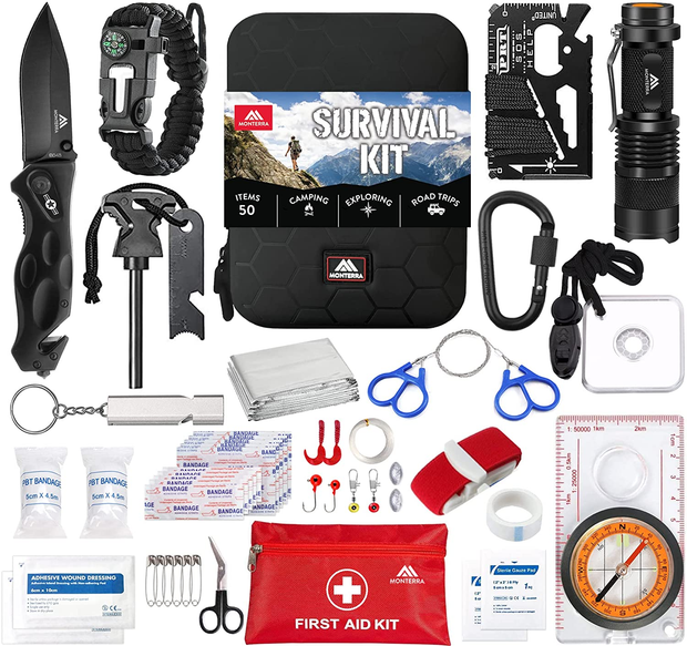 Survival Kit by MONTERRA, 50 Pcs, Survival Gear and Equipment, Camping  Accessories,Tactical Gear, First Aid Kit, Emergency Kit, Cool Gadgets for  Men