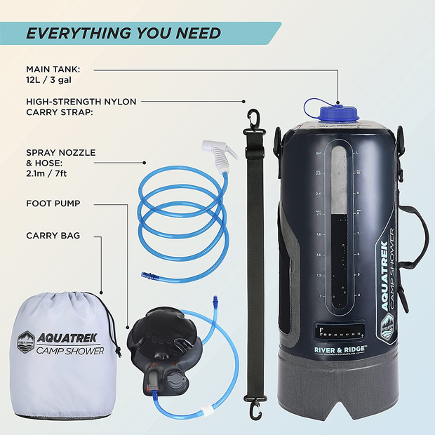 River & Ridge - AQUATREK Portable Pressure Camping Shower | 3Gal 12L Bag Tank Volume | Sustainable Food-Grade Material | Hot Water from Sun