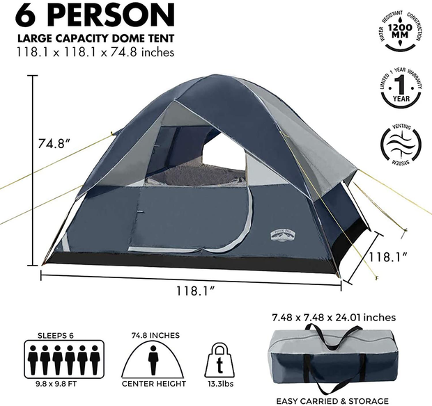 Pacific Pass Camping Tent 6 Person Family Dome Tent with Removable Rain Fly, Easy Setup for Camp Backpacking Hiking Outdoor , Navy Blue, 118.1X118.1X74.8 Inches