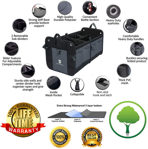 Car Trunk Organizer - Collapsible, Multi-Compartment Truck Accessories for Women and Men - Black
