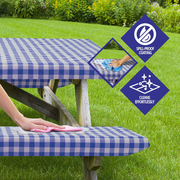 Sorfey Vinyl Picnic Table and Bench Fitted Tablecloth Cover, Checkered Design, Flannel Backed Lining, 28 X 72 Inch, 3-Piece Set, Blue