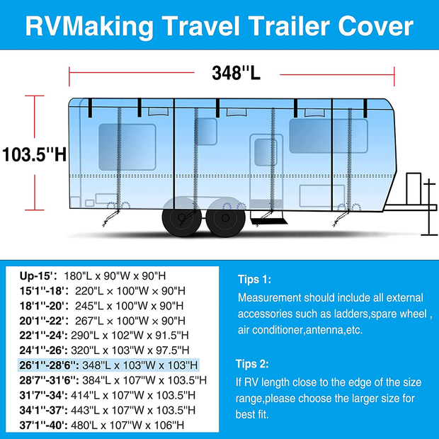Rvmasking Heavy Duty 6 Layers Top RV Cover Travel Trailer Cover Windproof Camper Cover Fits 26' 1"-28' 6" RV Trailer - Anti-Uv Prevent Top Tearing Caused by Sun Exposure