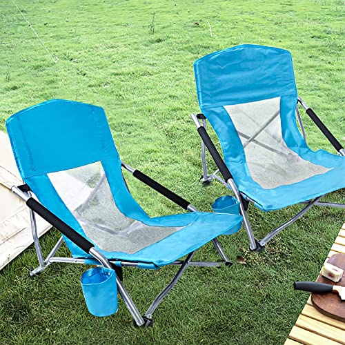 YDY+YQY Portable Beach Chair Folding Beach Chair with Low Profile, 2 Pack Ultralight Backpacking Folding Chair with Cup Holder & Carry Bag for Outdoor, Camping, BBQ, Beach, Travel, Picnic. (Blue)