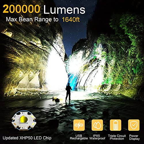 BERCOL Rechargeable LED Flashlights High Lumens, 200000 Lumens Super Bright Powerful Flashlights, 5 Modes, Waterproof Flashlight for Emergencies, Hiking
